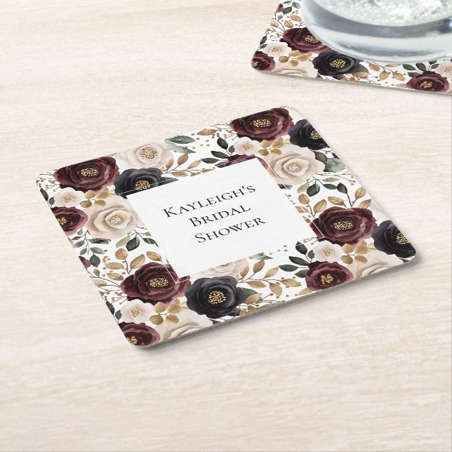 Chic Burgundy Cream Floral Bridal Shower Square Paper Coaster (Angled)