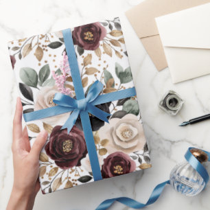 Chic Burgundy Cream Floral Bridal Shower Wrapping Paper