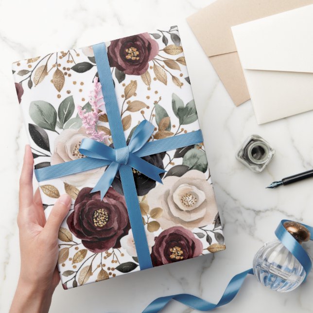 Chic Burgundy Cream Floral Bridal Shower Wrapping Paper (Gifting)
