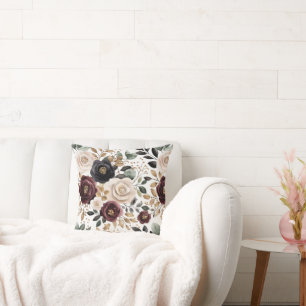 Chic Burgundy Cream Floral   Cushion