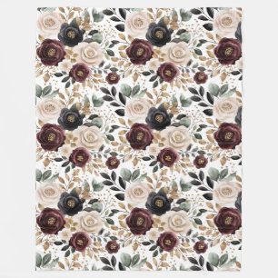 Chic Burgundy Cream Floral Fleece Blanket