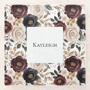 Chic Burgundy Cream Floral   Glass Coaster