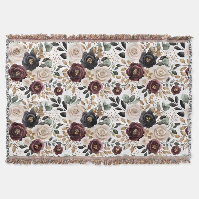 Chic Burgundy Cream Floral   Throw Blanket (Front)