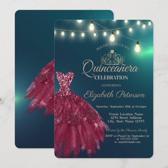Chic Burgundy Dress,Tiara Green Quinceañera  Invitation (Front/Back)
