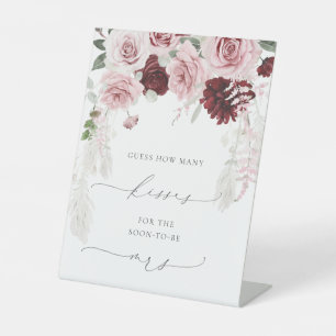 Chic Burgundy Dusty Rose Floral How Many Kisses  Pedestal Sign