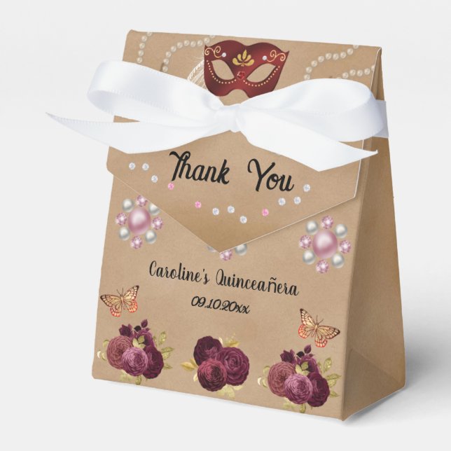 Chic Burgundy English Roses Quinceañera Masquerade Favour Box (Front Side)