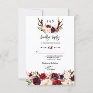 Chic Burgundy Floral Antlers Handwriting RSVP Card
