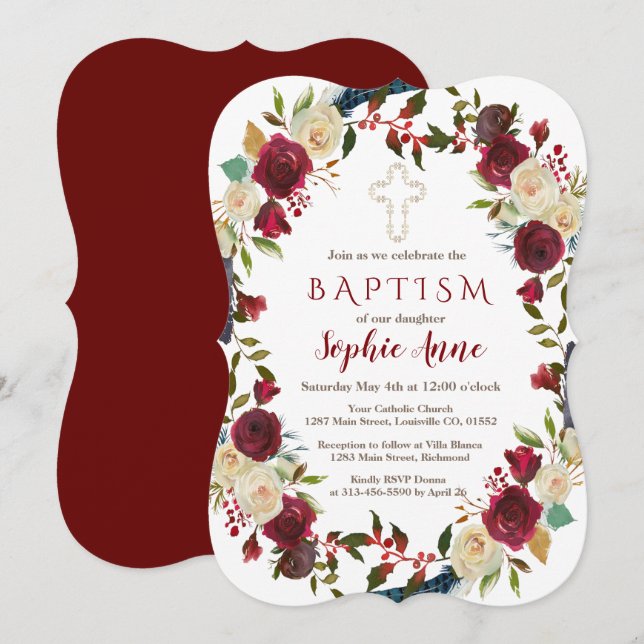Chic Burgundy Floral Bloom Navy Blue Baptism Invitation (Front/Back)