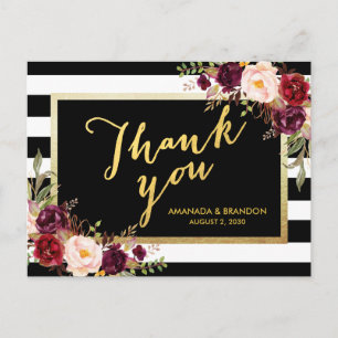 Chic Burgundy Floral Gold Black Wedding Thank You Postcard