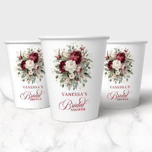 Chic Burgundy Floral Gold Bridal Shower Paper Cups