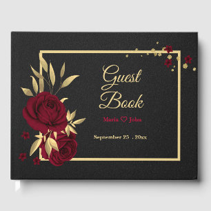 chic burgundy floral gold leaves black guest book