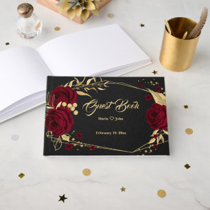chic burgundy floral gold leaves geometric black guest book