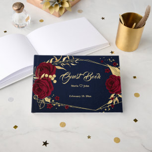 chic burgundy floral gold leaves geometric navy guest book