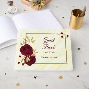 chic burgundy floral gold leaves marble guest book