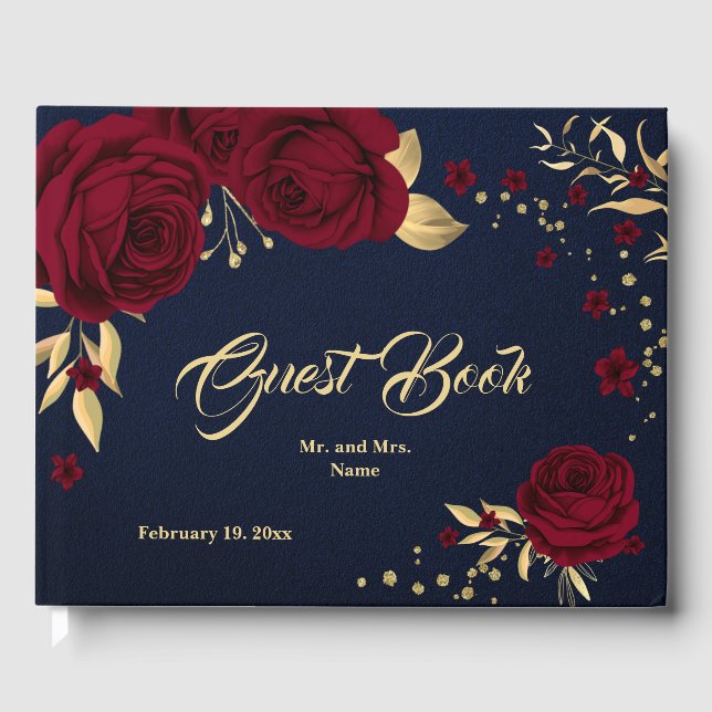 chic burgundy floral gold leaves navy blue guest book (Front)