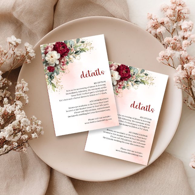 Chic Burgundy Floral Greenery Gold Wedding Details Enclosure Card (Chic Burgundy Floral Greenery Gold Wedding Details)