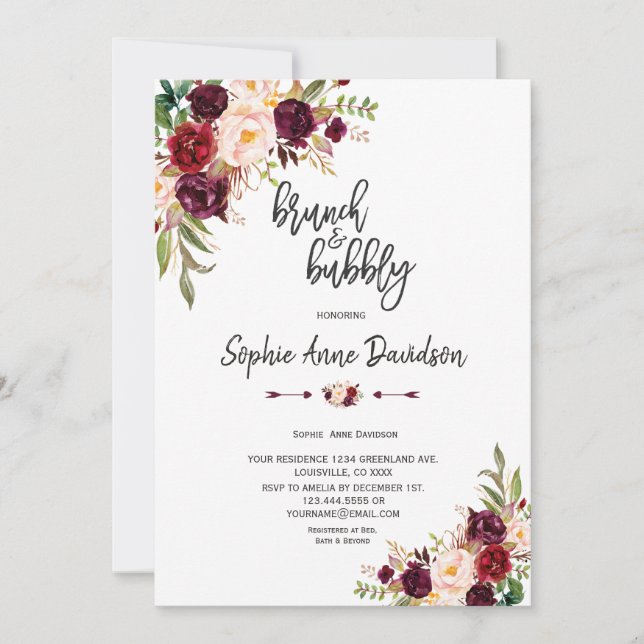 Chic Burgundy Floral Handwriting Brunch and Bubbly Invitation (Front)