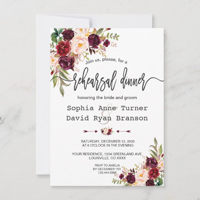 Chic Burgundy Floral Handwriting Rehearsal Dinner Invitation (Front)