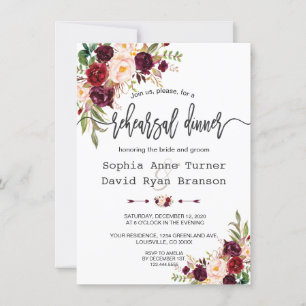 Chic Burgundy Floral Handwriting Rehearsal Dinner Invitation