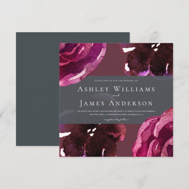 Chic Burgundy Floral Modern Wedding Invitation (Front/Back)