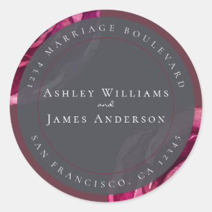 Chic Burgundy Floral Modern Wedding Return Address Classic Round Sticker
