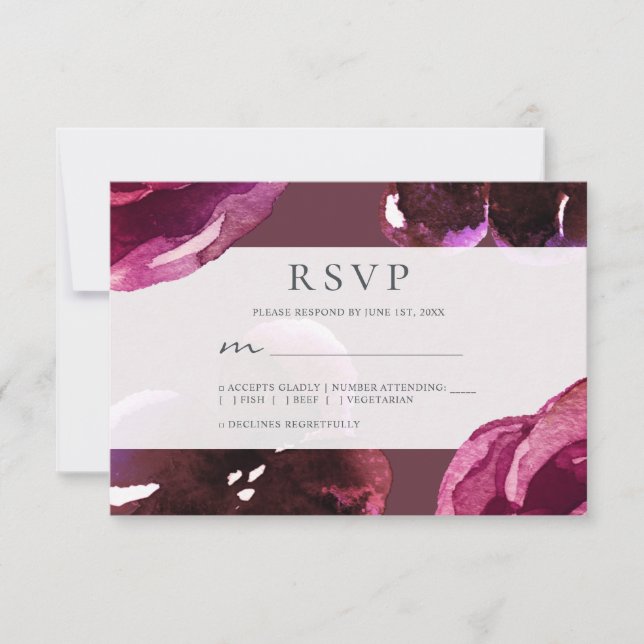 Chic Burgundy Floral Modern Wedding RSVP Card (Front)