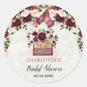 Chic Burgundy Floral Travel Bridal Shower Favours Classic Round Sticker