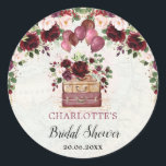 Chic Burgundy Floral Travel Bridal Shower Favours Classic Round Sticker<br><div class="desc">Vintage Map / Travel Floral sticker label featuring burgundy & blush flowers,  chic suitcases and pretty watercolor balloons</div>