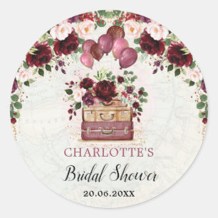 Chic Burgundy Floral Travel Bridal Shower Favours Classic Round Sticker