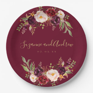Chic Burgundy Floral Watercolor Wedding Engagement Paper Plate