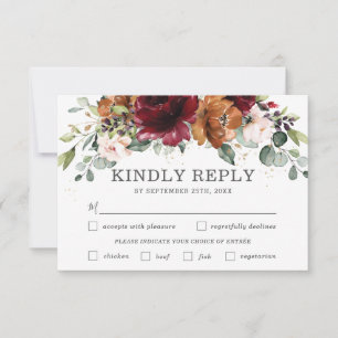 Chic Burgundy Floral Wedding Meal Choice RSVP Card