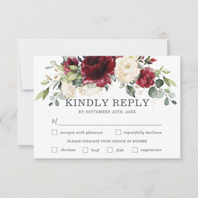 Chic Burgundy Floral Wedding Meal Choice RSVP Card (Front)