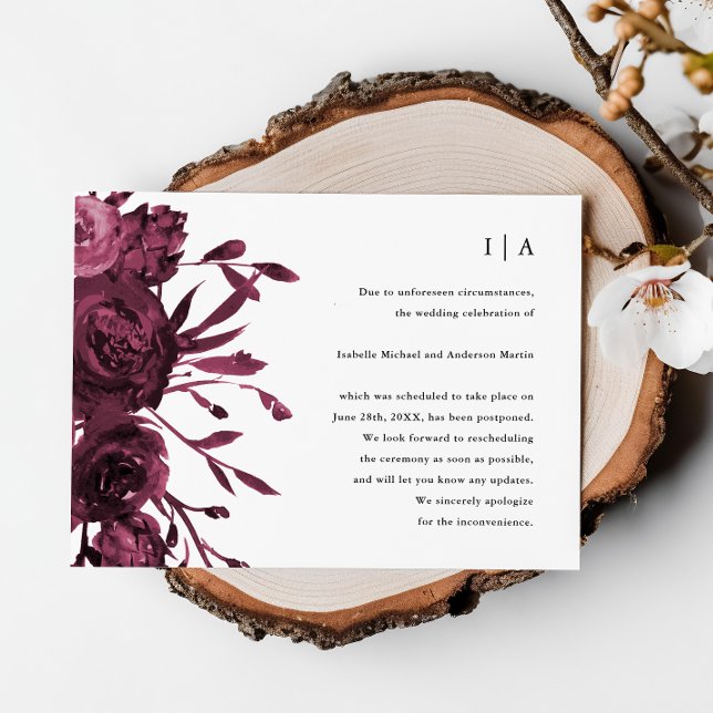 Chic Burgundy Floral Wedding Postponement Announcement (Creator Uploaded)