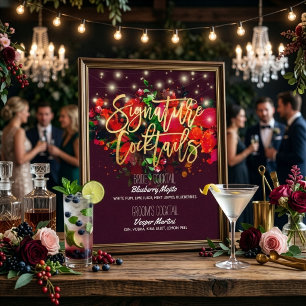 Chic Burgundy Floral Wedding Signature Drink Menu Poster