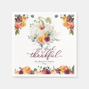 Chic Burgundy Floral White Pumpkin Thanksgiving Napkin