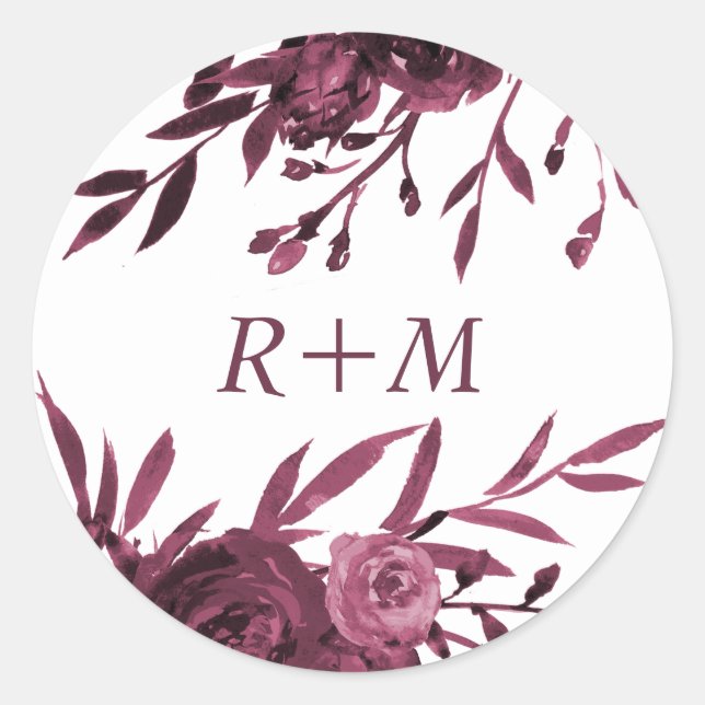 Chic Burgundy Floral with Monogram Classic Round Sticker (Front)