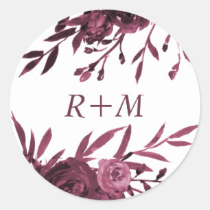 Chic Burgundy Floral with Monogram Classic Round Sticker