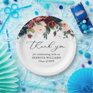 Chic Burgundy Florals Script Thank You Graduation  Paper Plate
