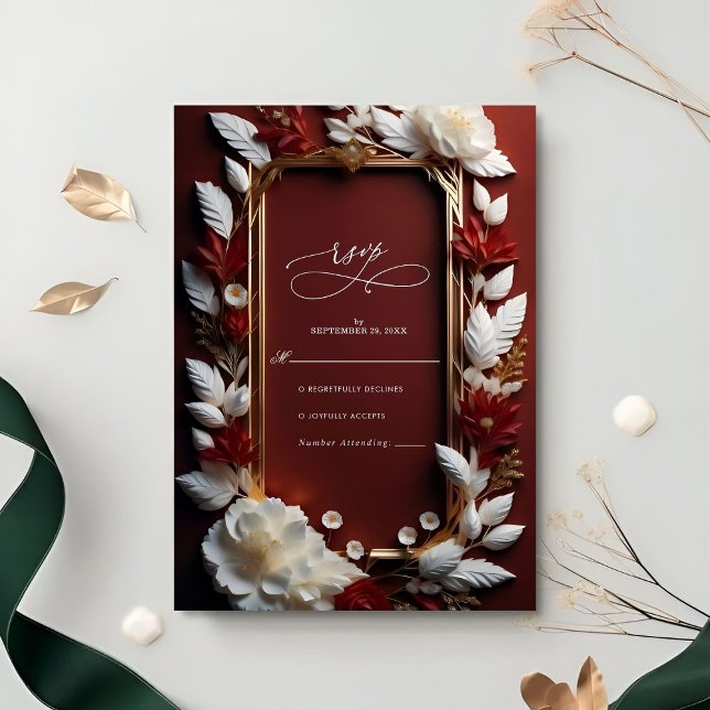Chic Burgundy Florals with Golden Frame Wedding RSVP Card (Creator Uploaded)