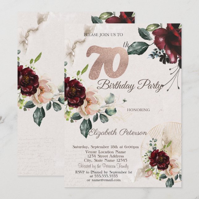 Chic Burgundy Flowers 70th Birthday  Invitation (Front/Back)