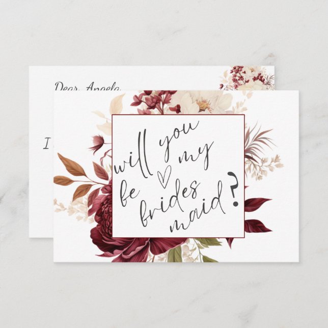 Chic Burgundy Flowers Bridesmaid Card (Front/Back)