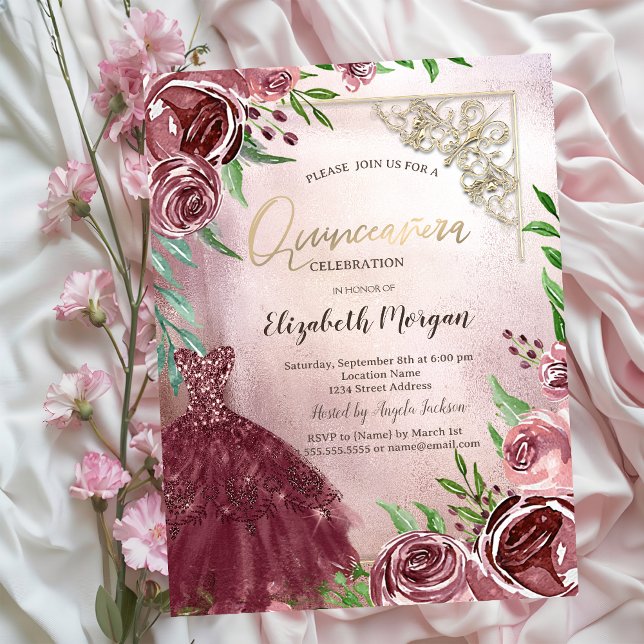 Chic Burgundy Flowers Dress Gold Frame Quinceanera Invitation (Creator Uploaded)