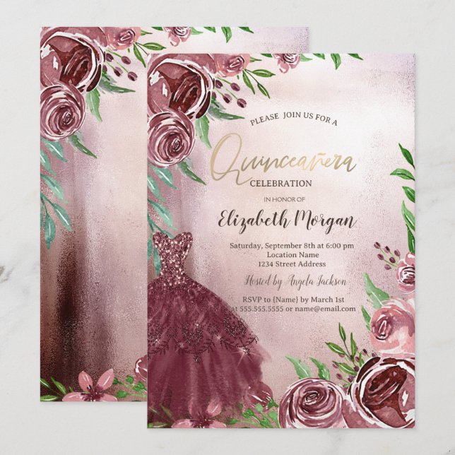 Chic Burgundy Flowers Dress  Quinceanera Invitation (Front/Back)