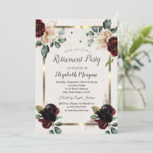 Chic Burgundy Flowers Gold Frame Retirement Party Invitation