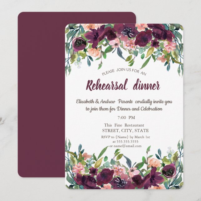 Chic Burgundy Flowers Rehearsal Dinner  Invitation (Front/Back)