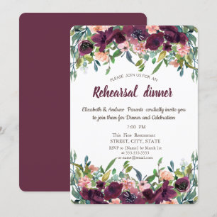 Chic Burgundy Flowers Rehearsal Dinner Invitation