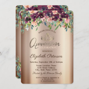 Chic Burgundy Flowers Roses Quinceañera  Invitation