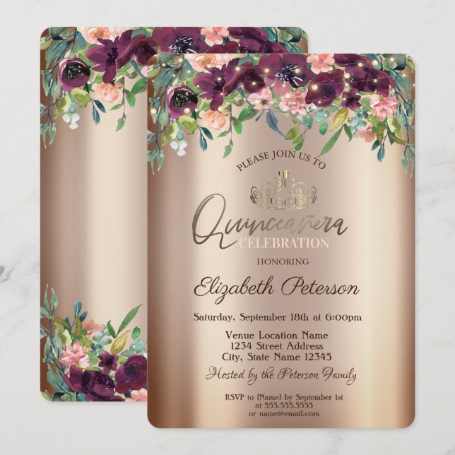 Chic Burgundy Flowers Roses Quinceañera  Invitation (Front/Back)