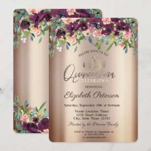 Chic Burgundy Flowers Roses Quinceañera Invitation