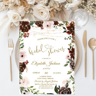Chic Burgundy Flowers String Lights Bridal Shower Invitation